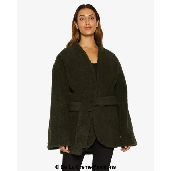 Open Front Belted Teddy Coat - Coats & Jackets