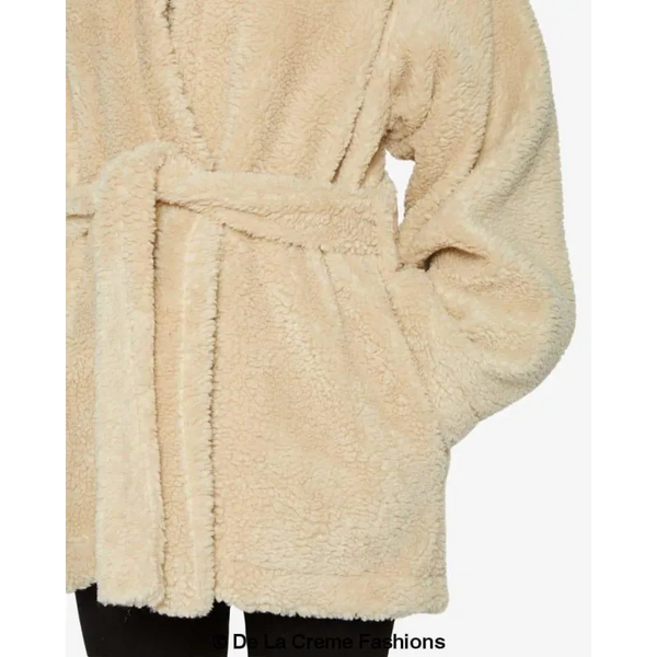 Open Front Belted Teddy Coat - Coats & Jackets