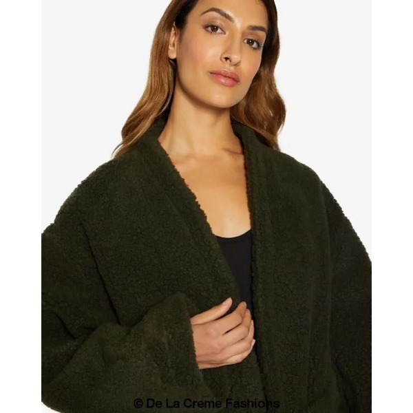 Open Front Belted Teddy Coat - Coats & Jackets