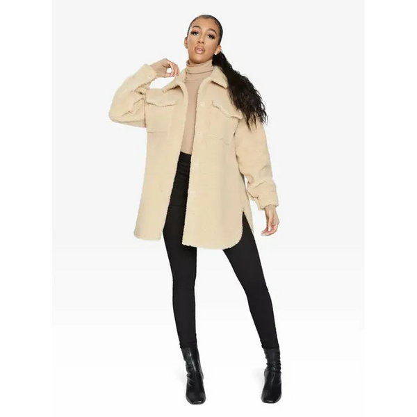 Oversized Stud Button Borg Teddy Shacket - One Size (Fits UK