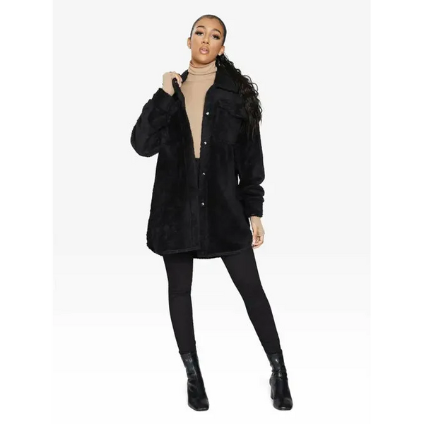 Oversized Stud Button Borg Teddy Shacket - One Size (Fits UK