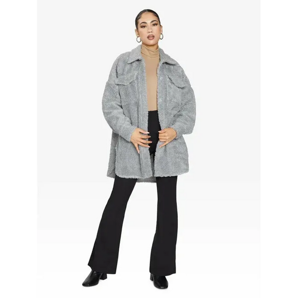 Oversized Stud Button Borg Teddy Shacket - One Size (Fits UK