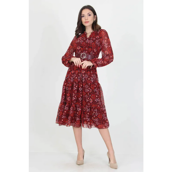 Patterned Chiffon Dress With Belt - Dresses