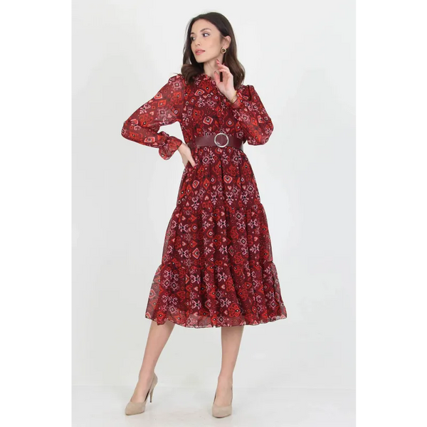 Patterned Chiffon Dress With Belt - Dresses