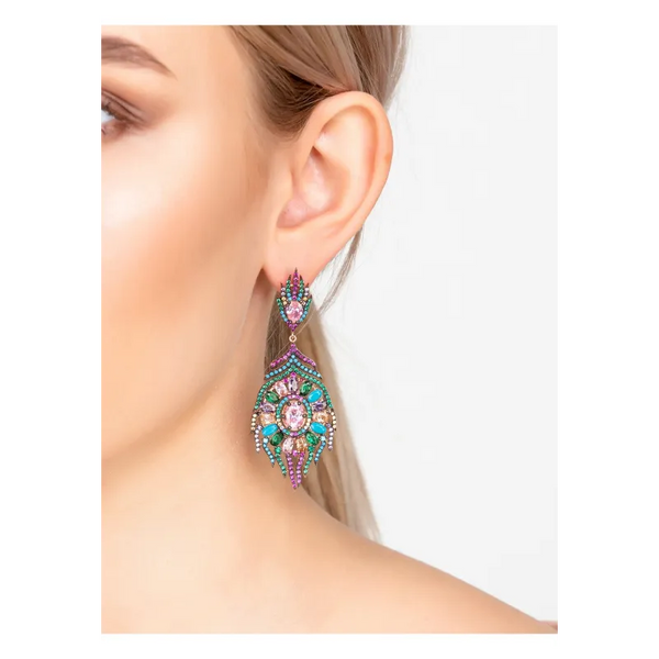 Peacock Colourful Feather Gemstone Earrings Rose Gold