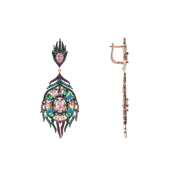 Peacock Colourful Feather Gemstone Earrings Rose Gold