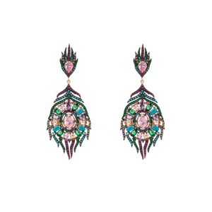 Peacock Colourful Feather Gemstone Earrings Rose Gold