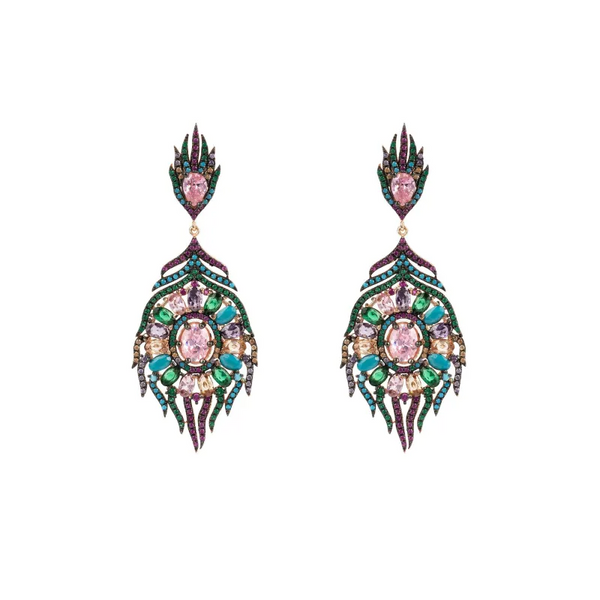 Peacock Colourful Feather Gemstone Earrings Rose Gold