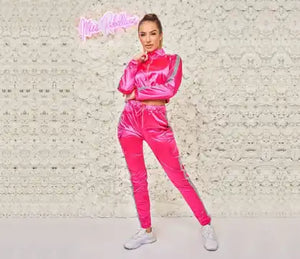 Pink satin tracksuit.