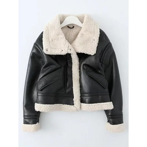 PU fur motorcycle suit short temperament high-necked coat -