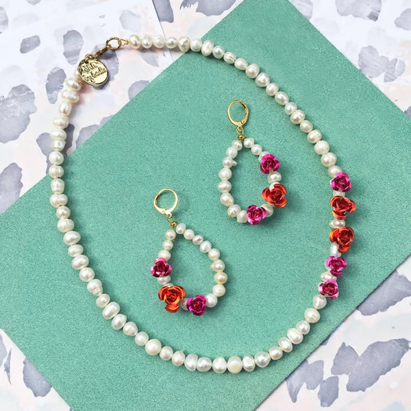 Rose Pearl Earrings + Necklace - Necklaces
