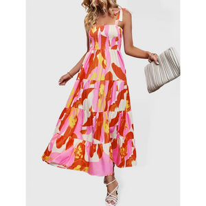Sexy Backless Printed Sling Holiday Dress - Pink / S