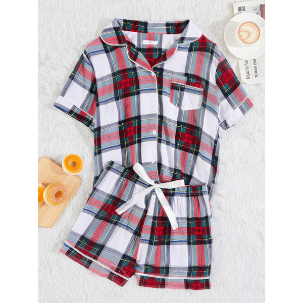 Short sleeve Plaid Knit Pajama Set with Welt Pocket