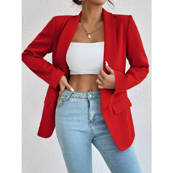 Solid color lapel long-sleeved small blue suit jacket - Red