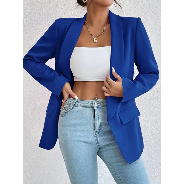 Solid color lapel long-sleeved small blue suit jacket - Blue
