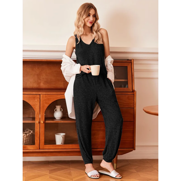 Solid color V-neck knitted vest trousers pajamas home wear