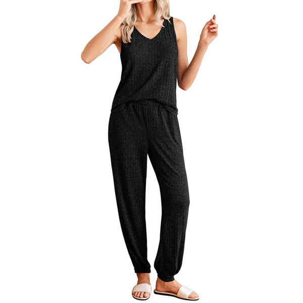 Solid color V-neck knitted vest trousers pajamas home wear
