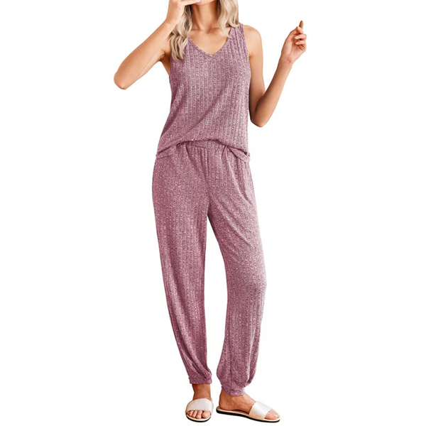 Solid color V-neck knitted vest trousers pajamas home wear
