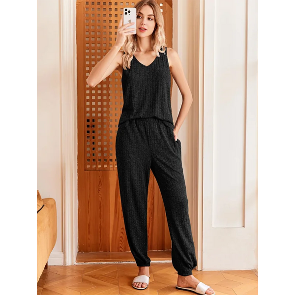 Solid color V-neck knitted vest trousers pajamas home wear
