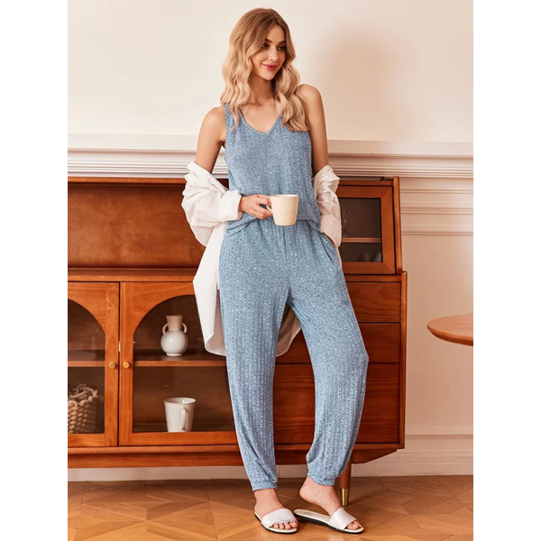 Solid color V-neck knitted vest trousers pajamas home wear