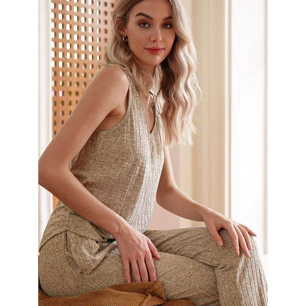 Solid color V-neck knitted vest trousers pajamas home wear