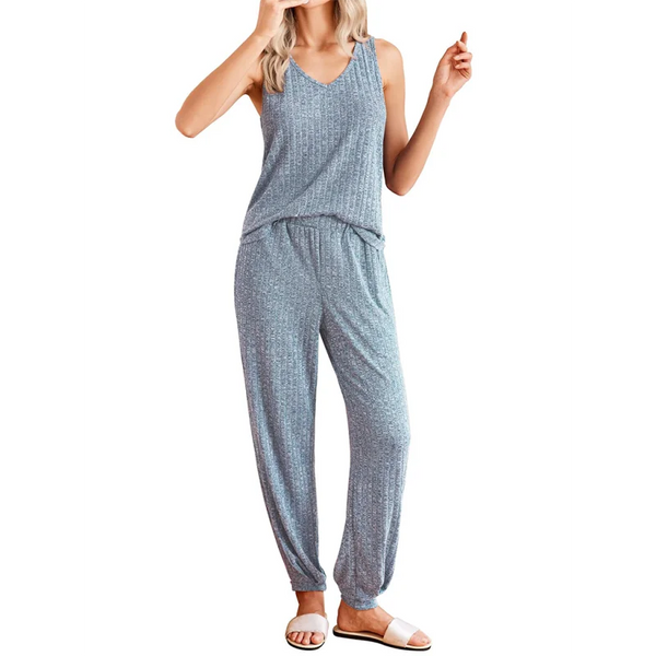 Solid color V-neck knitted vest trousers pajamas home wear