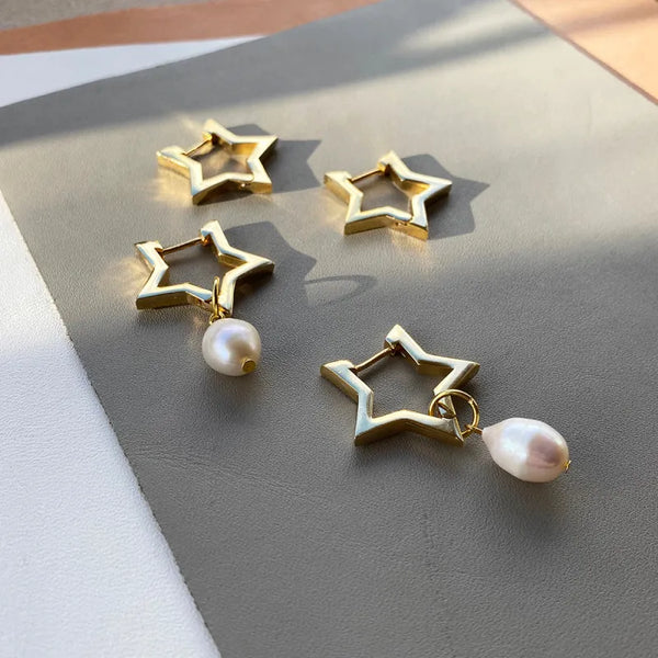 Star Hoop Pearl Earrings