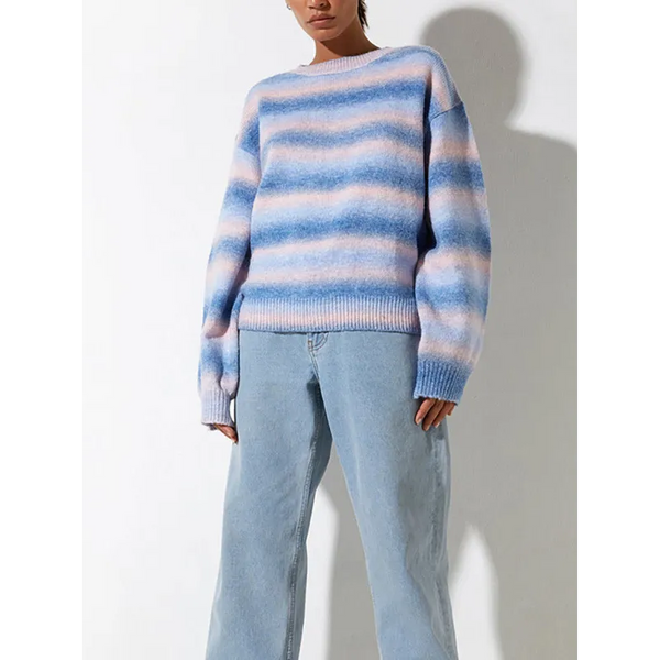 Striped Ombre Crew Neck Drop-Shoulder Sleeve Casual Sweater