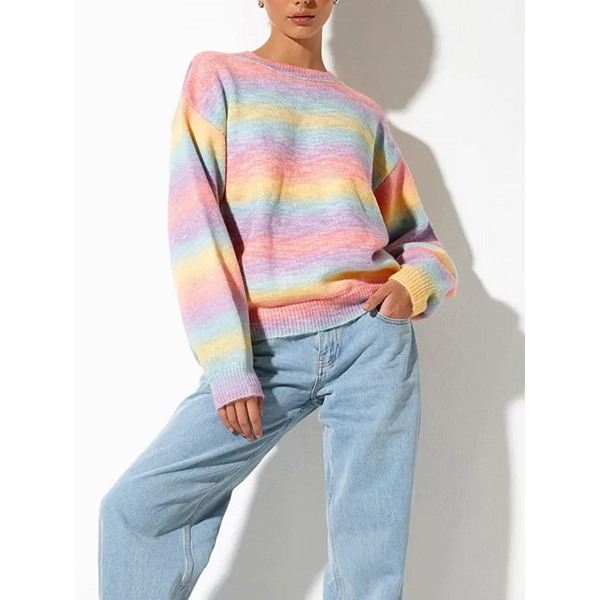 Striped Ombre Crew Neck Drop-Shoulder Sleeve Casual Sweater