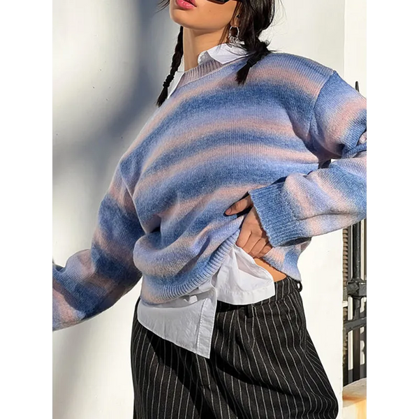 Striped Ombre Crew Neck Drop-Shoulder Sleeve Casual Sweater