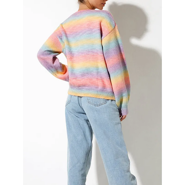 Striped Ombre Crew Neck Drop-Shoulder Sleeve Casual Sweater