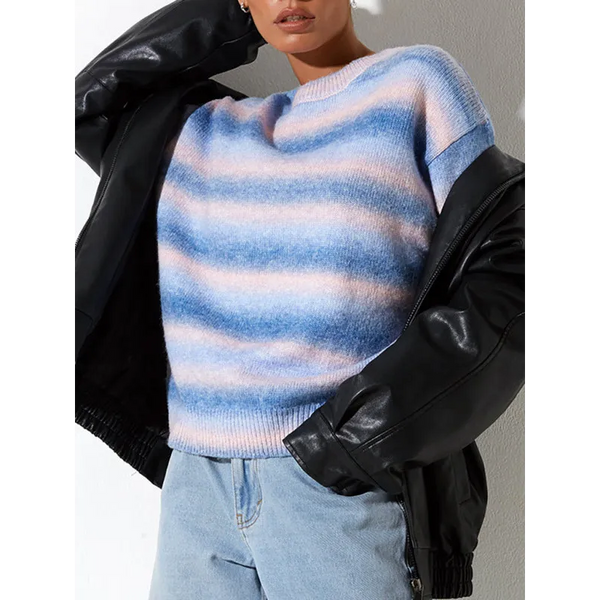 Striped Ombre Crew Neck Drop-Shoulder Sleeve Casual Sweater