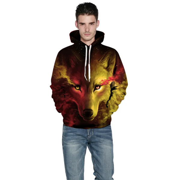 Unisex Wolf Pattern Hoodie - Shirts & Tops
