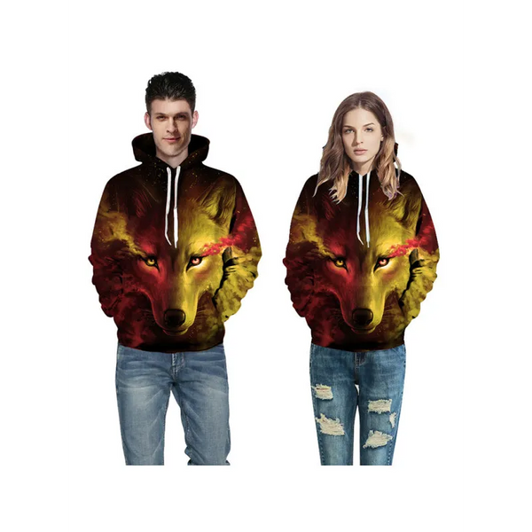 Unisex Wolf Pattern Hoodie - Shirts & Tops