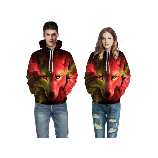 Unisex Wolf Pattern Hoodie - Shirts & Tops