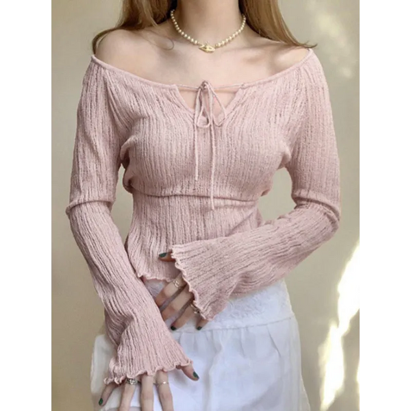 V-neck lace-up shoulder-length long-sleeved sweet trimmed