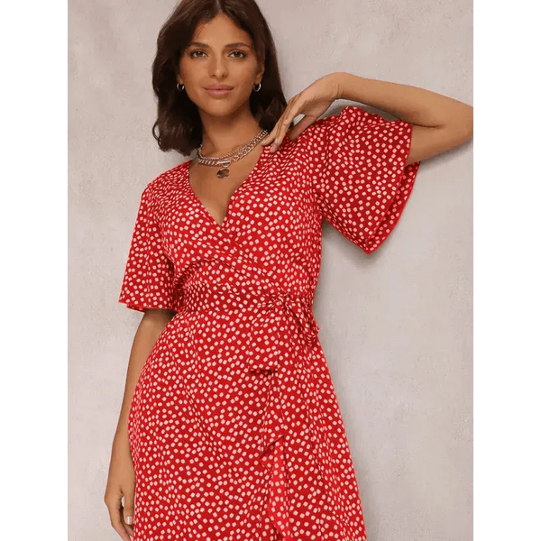 V-neck tie-print polka-dot short-sleeved dress - Epic Fashion UKAllDressWomen