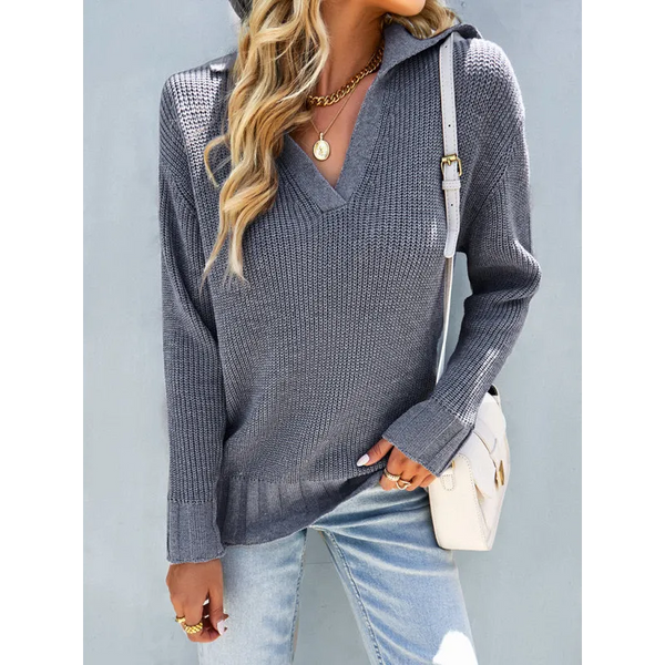Womanly shirt collar sweater top - Charcoal grey / S -