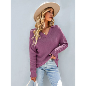 Womanly shirt collar sweater top - Purple / S - Shirts &