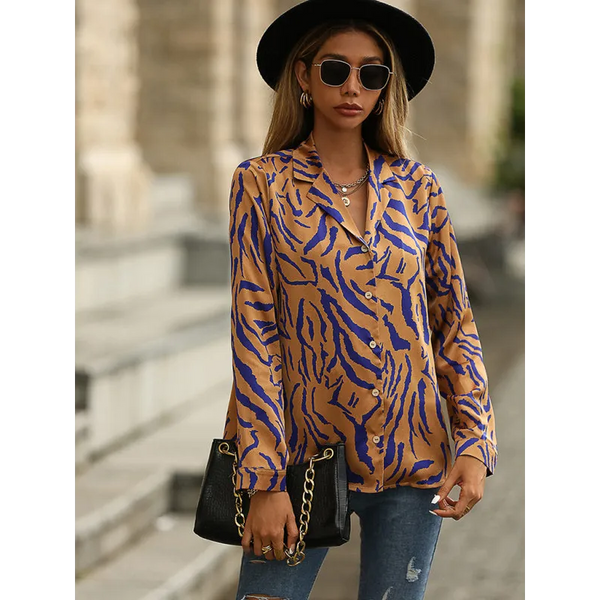 Woman’s Long Sleeve Printed V-Neck Satin Shirt - Camel / S -