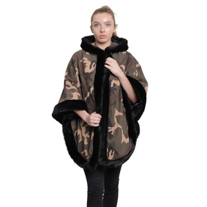 Women’s Camo Print Fur Trim Hooded Cape - Coats & Jackets