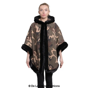 Women’s Camo Print Fur Trim Hooded Cape - Coats & Jackets