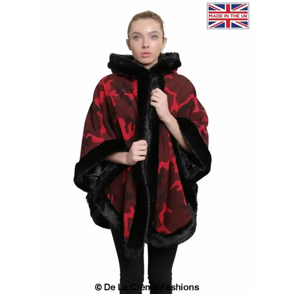 Women’s Camo Print Fur Trim Hooded Cape - One Size / Red
