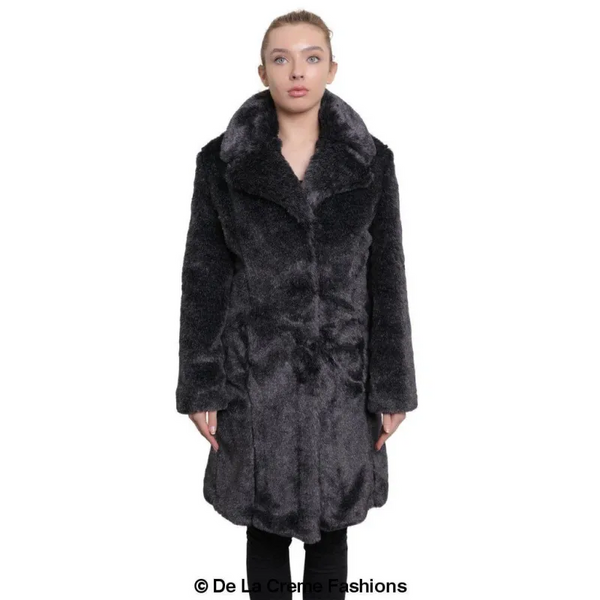 Women’s Faux Fur Large Lapel Mid Length Coat - Coats &