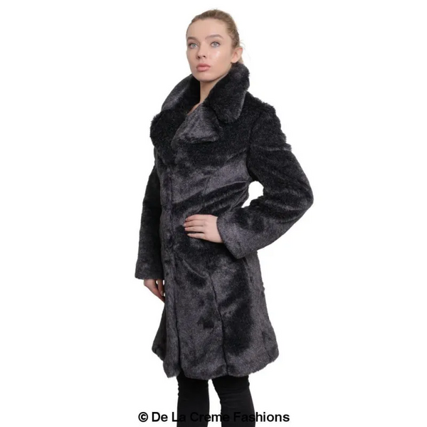 Women’s Faux Fur Large Lapel Mid Length Coat - Coats &