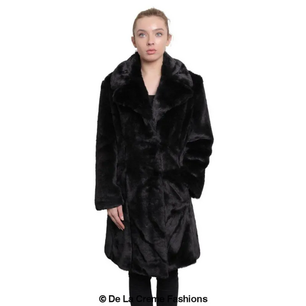 Women’s Faux Fur Large Lapel Mid Length Coat - Coats &