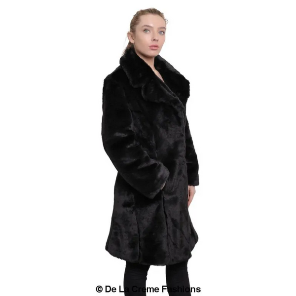 Women’s Faux Fur Large Lapel Mid Length Coat - Coats &