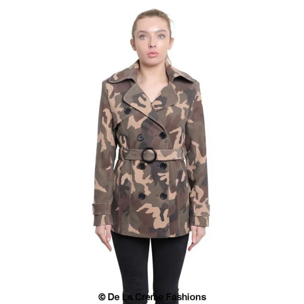 Women’s Camo Print Double Breasted Short Coat - Jackets &