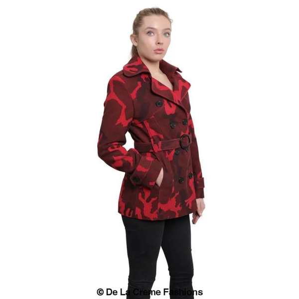 Women’s Camo Print Double Breasted Short Coat - Jackets &