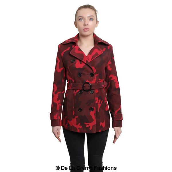 Women’s Camo Print Double Breasted Short Coat - Jackets &